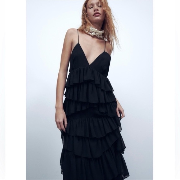 Zara Formal Ruffle Midi Dress in Black - Size M - Picture 6 of 7